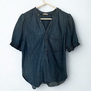 Pilcro Anthropologie Aly Short Puff Sleeve Buttton Chambray Denim Shirt Size S